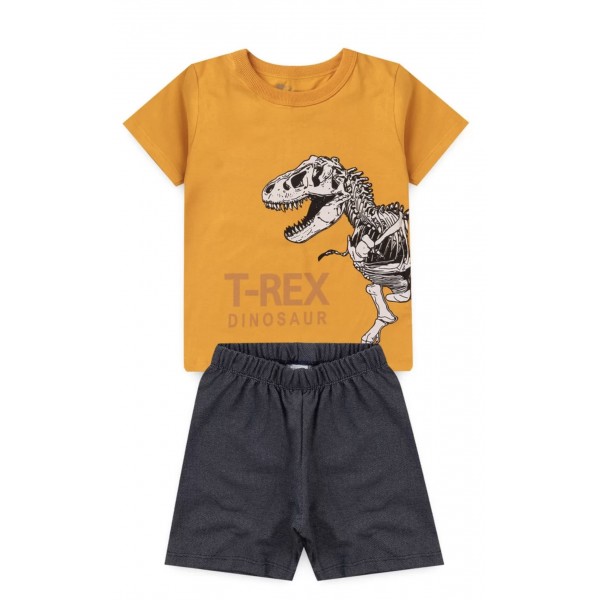 Conj Infantil 1a10 Menino Bermuda Verão Dino T-Rex Mostarda