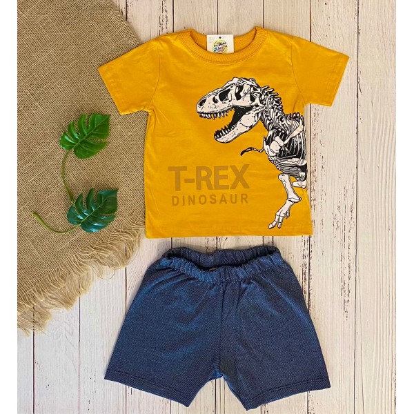 Conj Infantil 1a10 Menino Bermuda Verão Dino T-Rex Mostarda