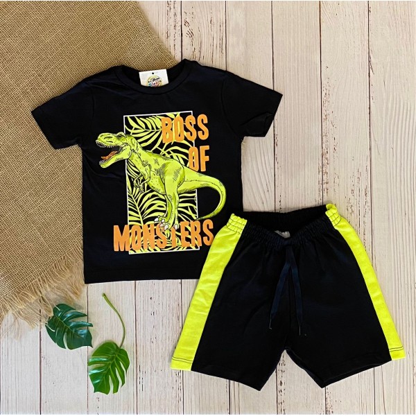 Conj Infantil 1a10 Anos Menino Bermuda Preto Neon Dino Verão