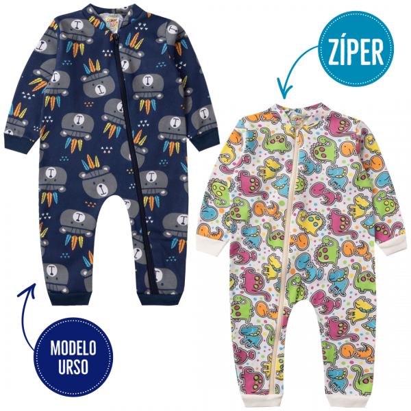 Kit 2pçs Macacão de Zíper Bebê Menino Urso barato atacado