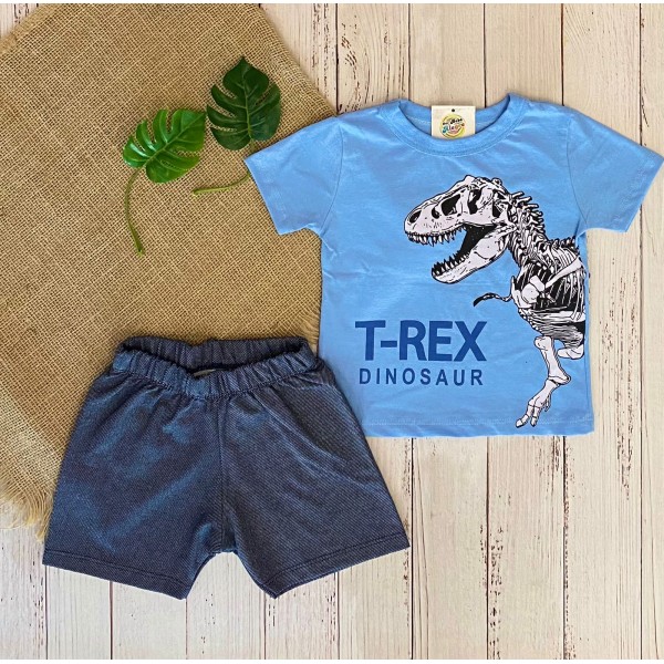 Conj Infantil 1a10 Menino Bermuda Verão Dino Rex Azul Jeans