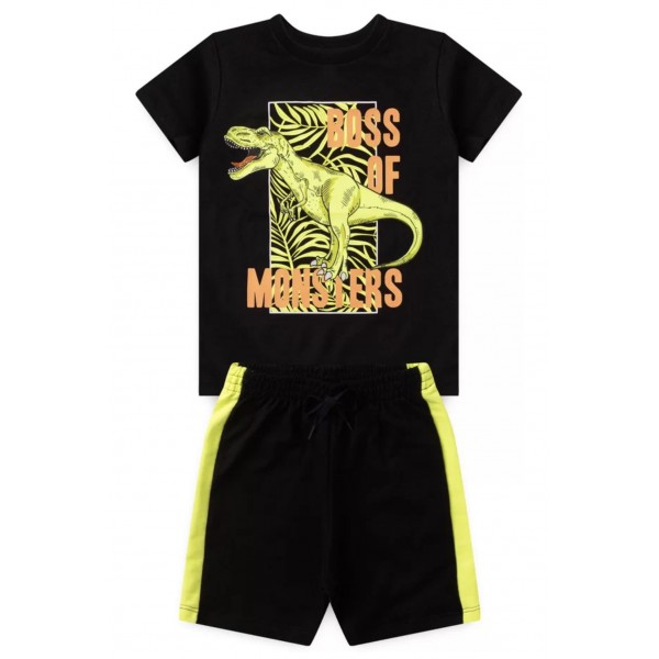 Conj Infantil 1a10 Anos Menino Bermuda Preto Neon Dino Verão