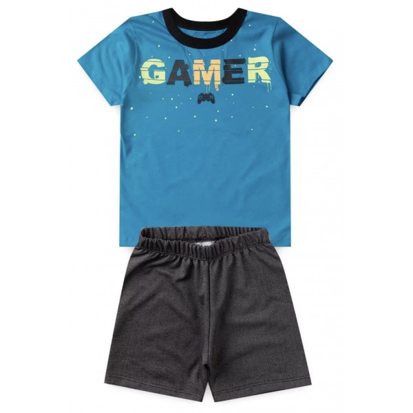 Conj Infantil 1a10 Ano Menino Bermuda Verão Gamer Azul Jeans