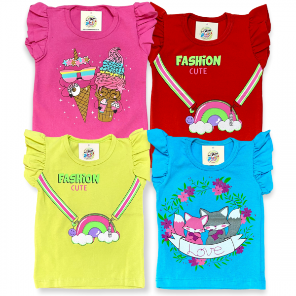 Blusinha Manga Curta Infantil Menina Cotton 1a3 Verão Barata