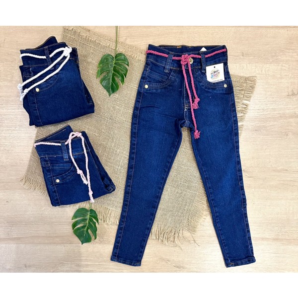 Calça Jeans Infantil 4 a 8 anos Menina Cinto Stretch Rasgada