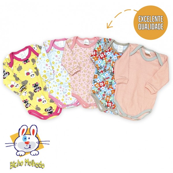 Combo Kit 2 Body Longo Bebê Menina Bicho Molhado Estampado