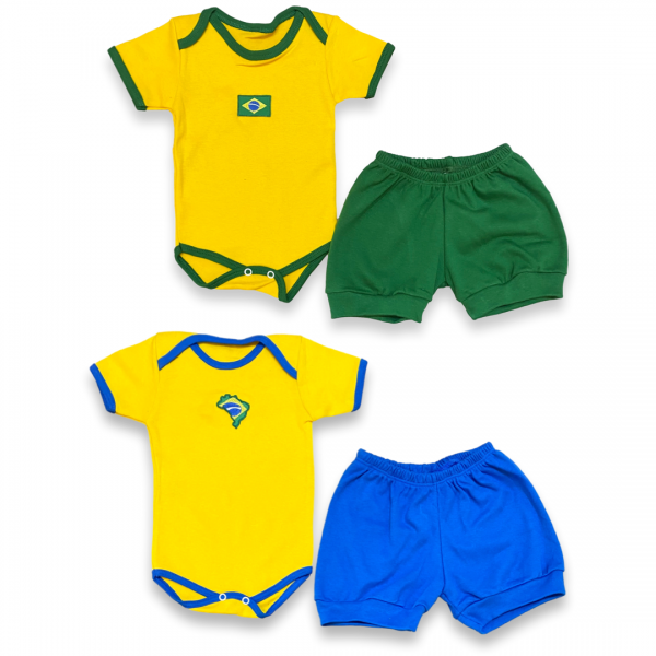 Conj Bebê Brasil Copa Mundo 2022 Unissex Body Shorts Barato