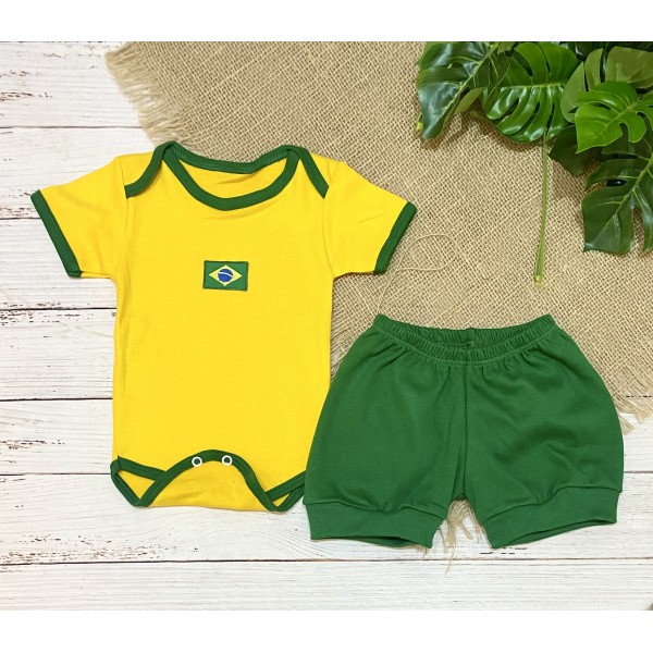 Conj Bebê Brasil Copa Mundo 2022 Unissex Body Shorts Barato