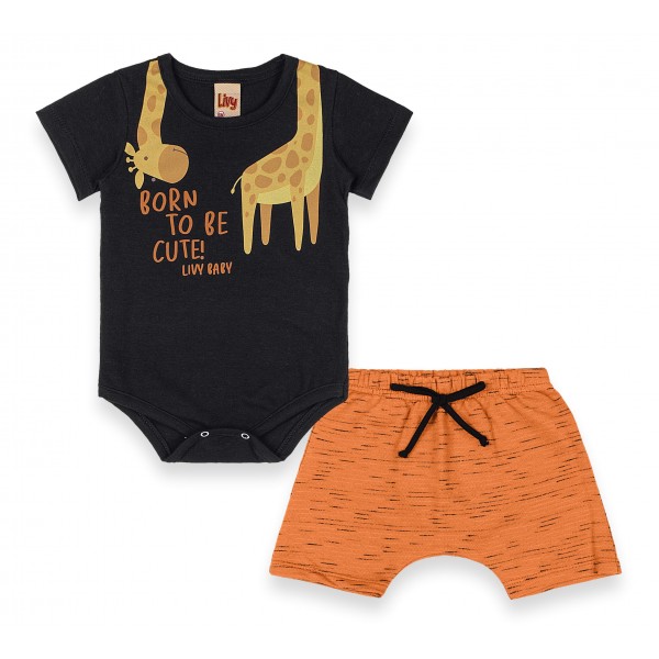 Conjunto 2 pçs Bebê Menino Verão Body Shorts Estampa Girafa