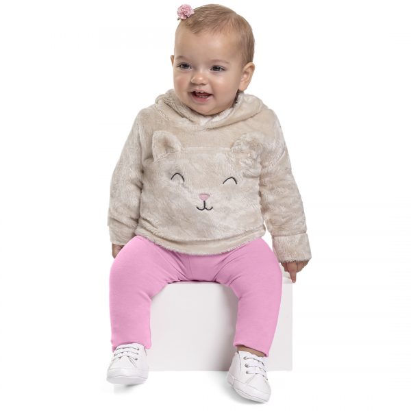 Conjunto Frio Inverno Bebê Menina Capuz Pelúcia Gatinha Rosa