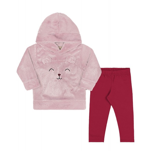 Conjunto Frio Inverno Bebê Menina Capuz Pelúcia Gatinha Rosa