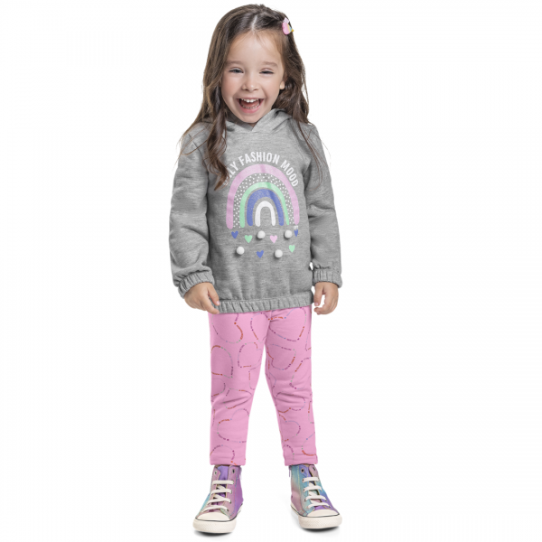 Conjunto Frio Moletom Infantil Menina Capuz Glitter Pompom