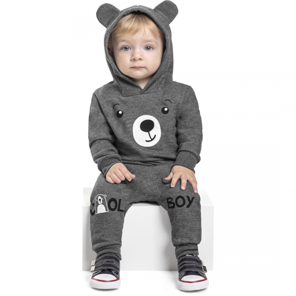 Conjunto Moletom Bebê Menino Blusa Capuz Urso Frio Inverno