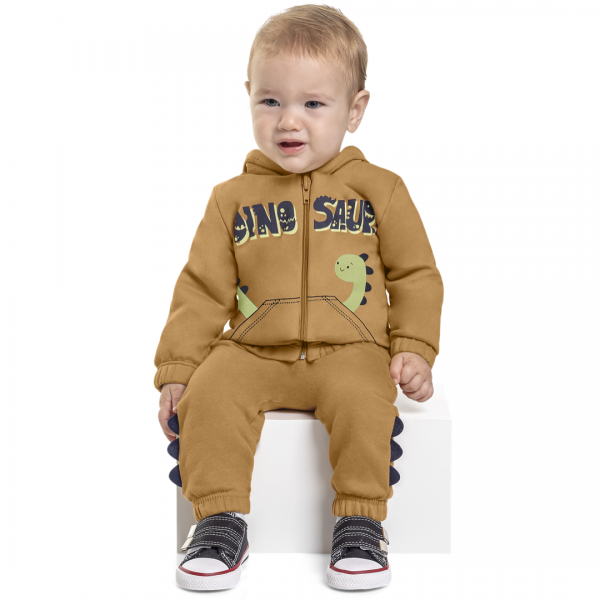 Conjunto Moletom Zíper Capuz Bebê Menino Dino Frio Inverno