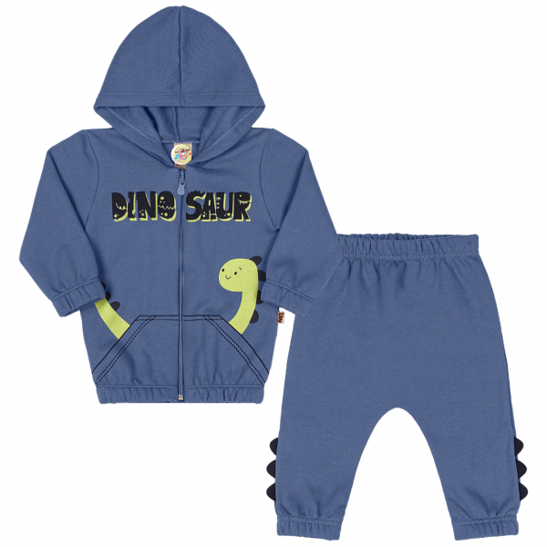 Conjunto Moletom Zíper Capuz Bebê Menino Dino Frio Inverno