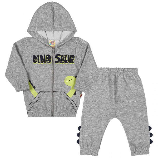 Conjunto Moletom Zíper Capuz Bebê Menino Dino Frio Inverno