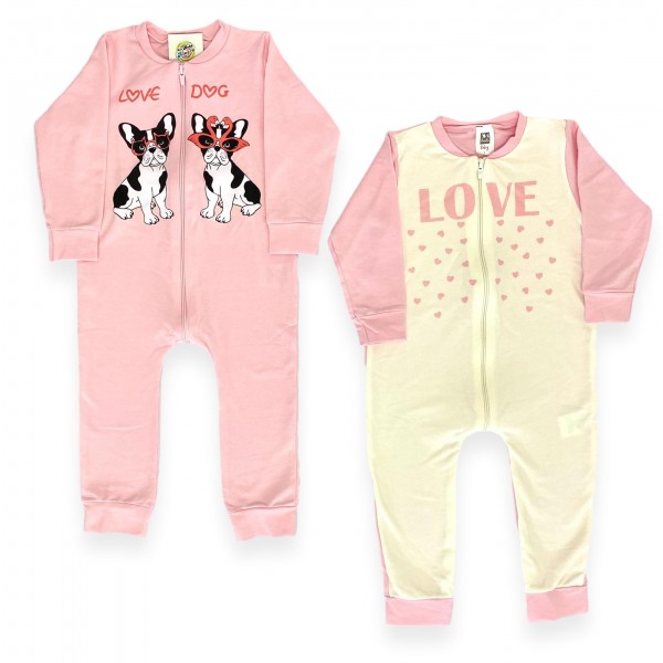 Kit 2 Macacão de Zíper Bebê 1a3 Anos Menina Dog Atacado