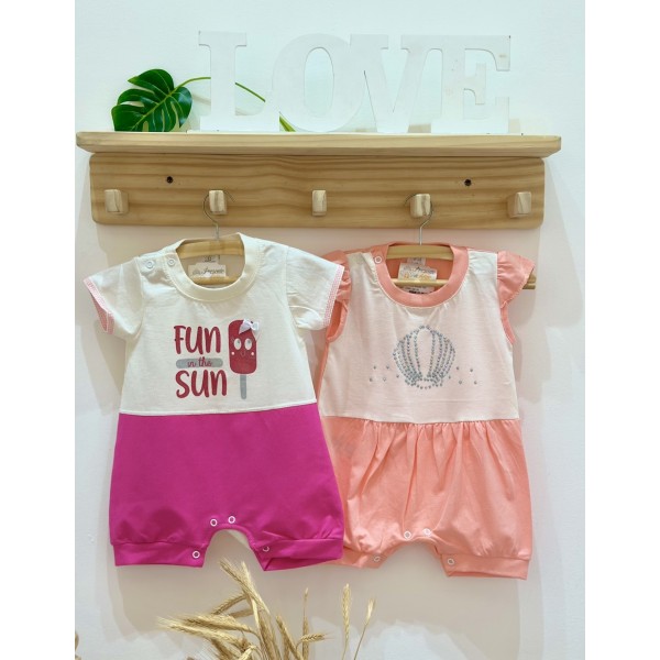 Kit 2 Macacões Bebê Curto Banho de Sol Menina Concha Sorvete