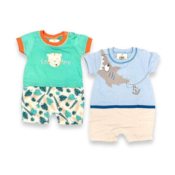 Kit 2 Macacões Bebê Curto Calor Banho de Sol Menino Tubarão