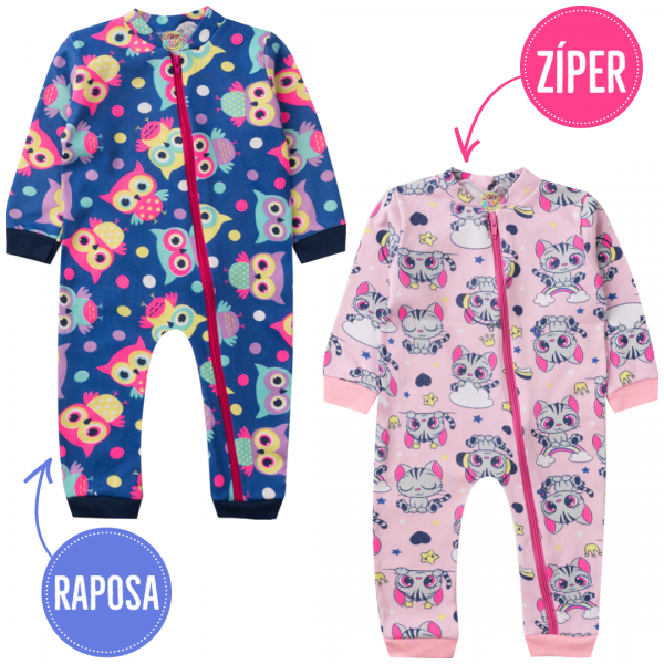 Kit 2pçs Macacão de Zíper Bebê Menina Estampa barato atacado