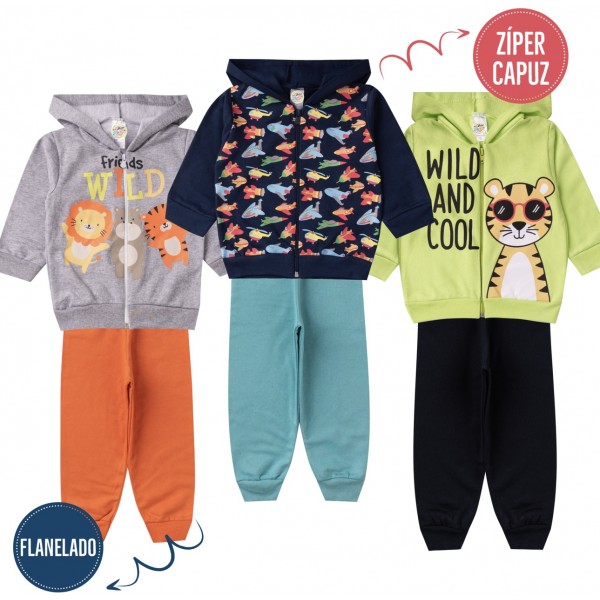 Kit 3 Conjunto Moletom Infantil Zíper Capuz Masculino Frio