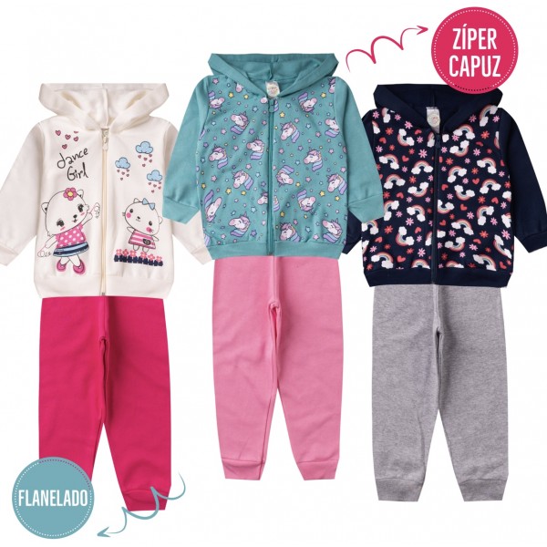 Kit 3 Conjuntos Moletom Infantil Zíper Capuz Menina Inverno