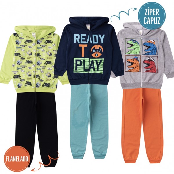 Kit 3 Conjuntos Moletom Infantil Zíper Capuz Menino 4a8 Anos