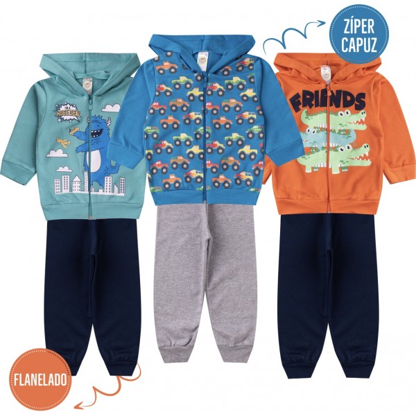 Kit 3 Conjuntos Moletom Infantil Zíper Capuz Menino Inverno