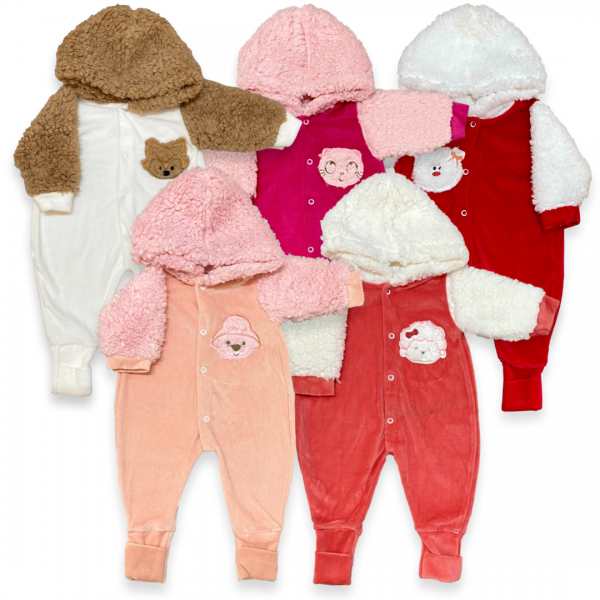 Kit 3 Macacão Bebê Menina Capuz Pelúcia Urso Plush Inverno