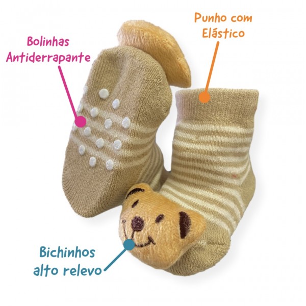 Kit 3 Meias Pantufa Sapatinho Bebê Bichinhos Antiderrapante