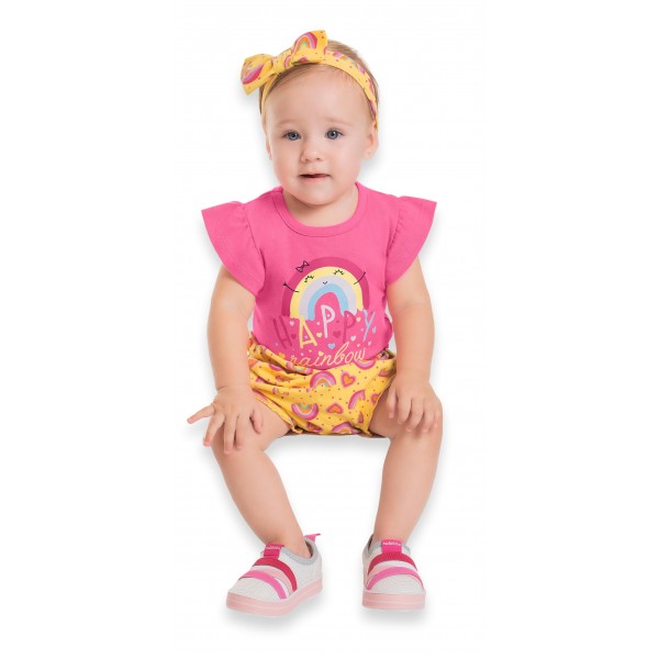 Kit 3 pçs Bebê Menina Body Shorts Faixinha Cabelo Arco-Iris