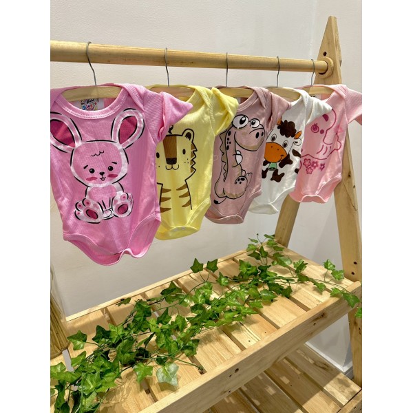 Kit 5 Body Bebê Menina Manga Longa Estampado Bichos Atacado