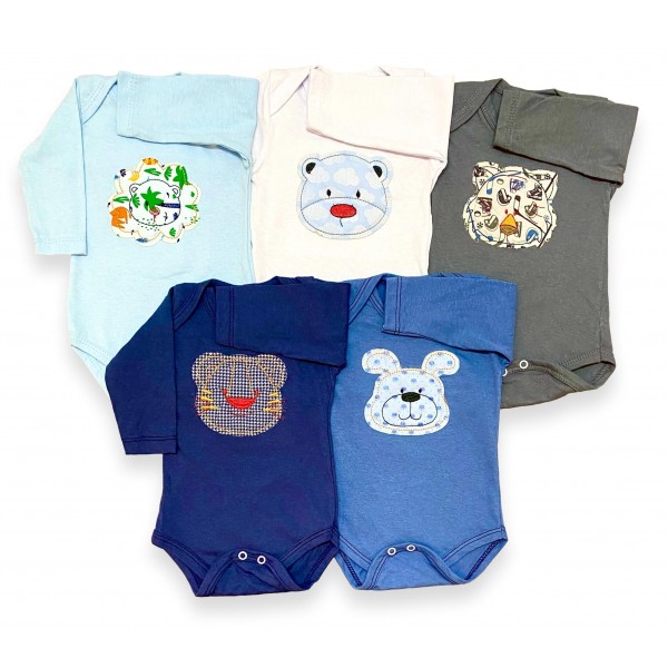 Kit 5 Body Bebê Menino Manga Longa Estampado Bichos Atacado