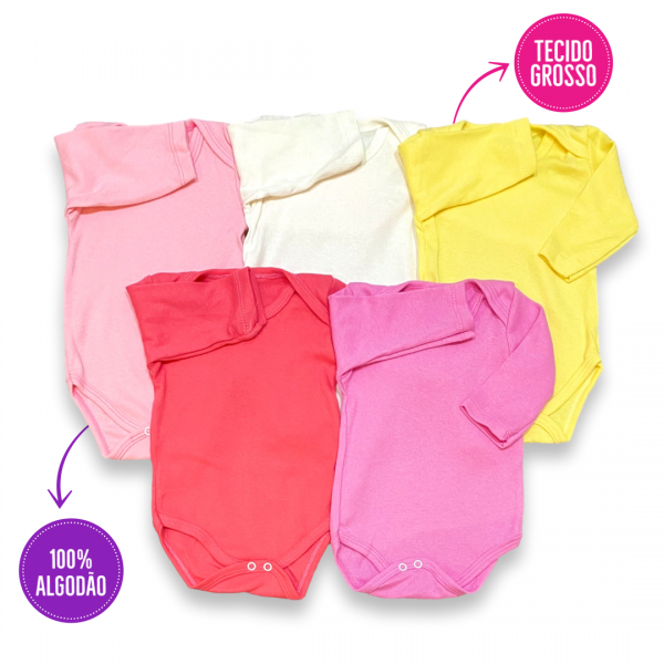 Kit 5 Pcs Body Bebe Atacado Menina Manga Longa Liso Revenda