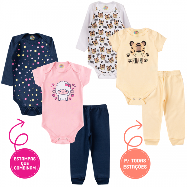 Kit 6 pçs Body Calça Mijão Bebê Menina Atacado Ovelha Tigre