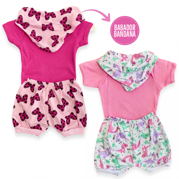 Kit 6pç Body Shorts Babador Bandana Bebê Menina Verão Barato