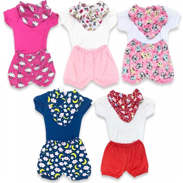 Kit 6pç Body Shorts Babador Bandana Bebê Menina Verão Barato