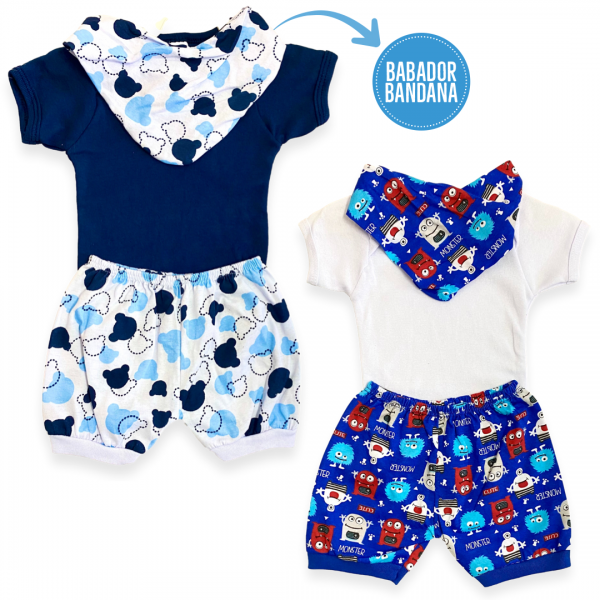 Kit 6pç Body Shorts Babador Bandana Bebê Menino Verão Barato