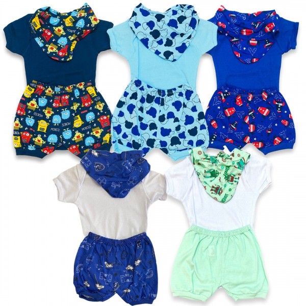 Kit 6pç Body Shorts Babador Bandana Bebê Menino Verão Barato