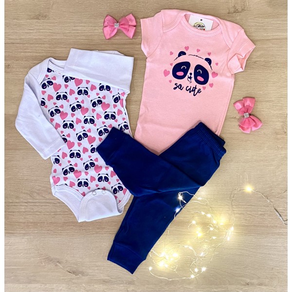 Kit 6pçs Body Calça Mijão Bebê Menina Atacado Gatinha Panda