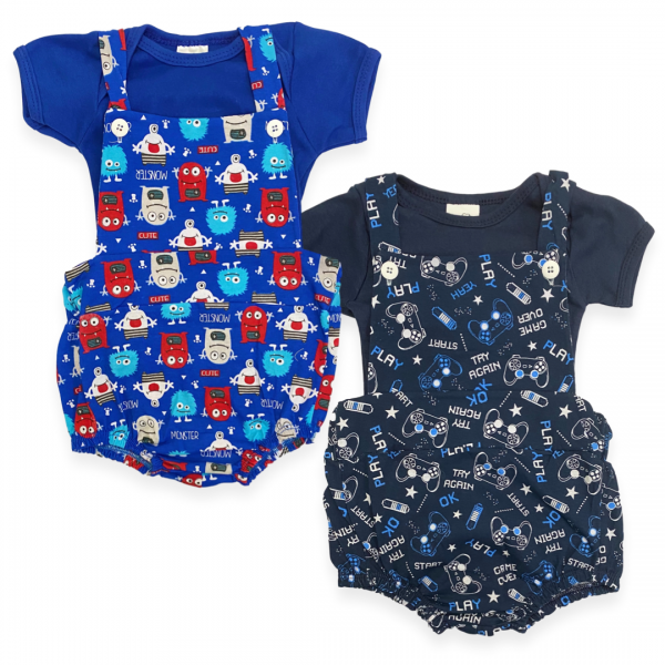Kit com 2 conjuntos de Jardineira e Body Bebê Menino Atacado