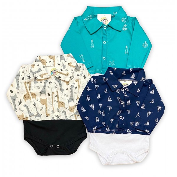 Kit com 3 Body Camisa Social Gola Polo Bebê Menino Atacado