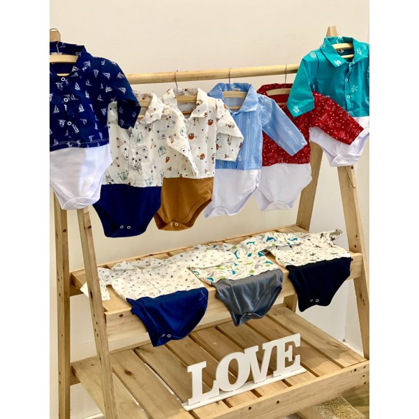 Kit com 3 Body Camisa Social Gola Polo Bebê Menino Atacado