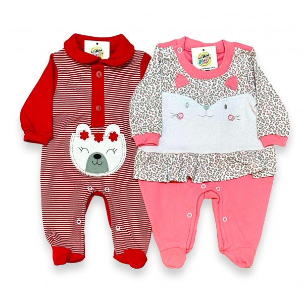 Kit Combo 2 pç Macacão Bebê Menina Longo Bichos Oncinha Ursa