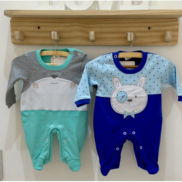 Kit Combo 2 pç Macacão Bebê Menino Longo Bichos Urso Bordado