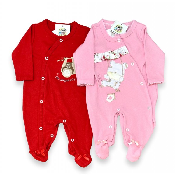 Kit Combo 2 pçs Macacão Bebê Menina Longo Urso Rosa Vermelho