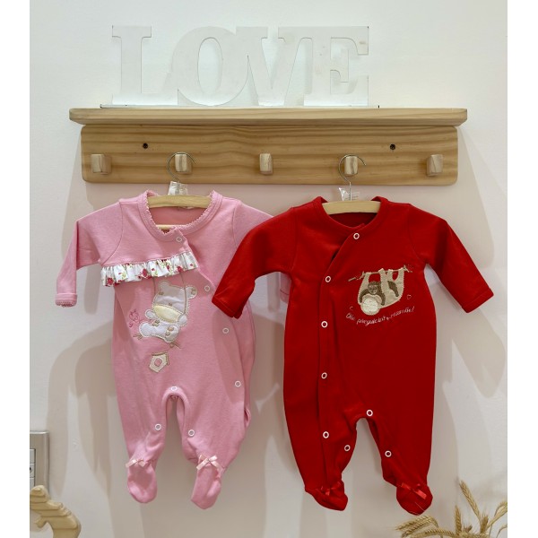 Kit Combo 2 pçs Macacão Bebê Menina Longo Urso Rosa Vermelho