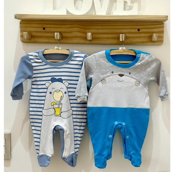 Kit Combo 2 pçs Macacão Bebê Menino Longo Bichos Urso Azul