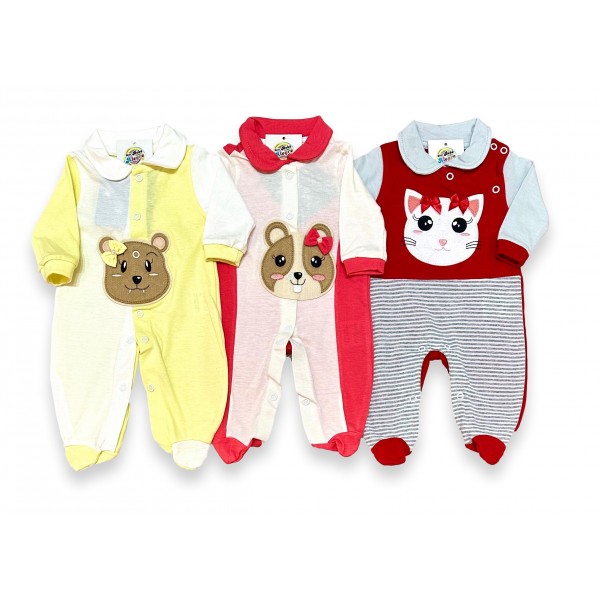 Kit Combo 3 pçs Macacão Bebê Menina Longo Gata Urso Atacado