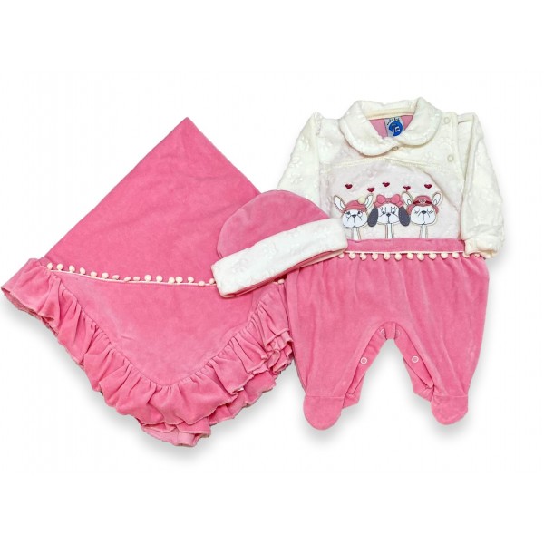 Kit Saída Maternidade Menina Plush Quentinha Touca Rosa Frio